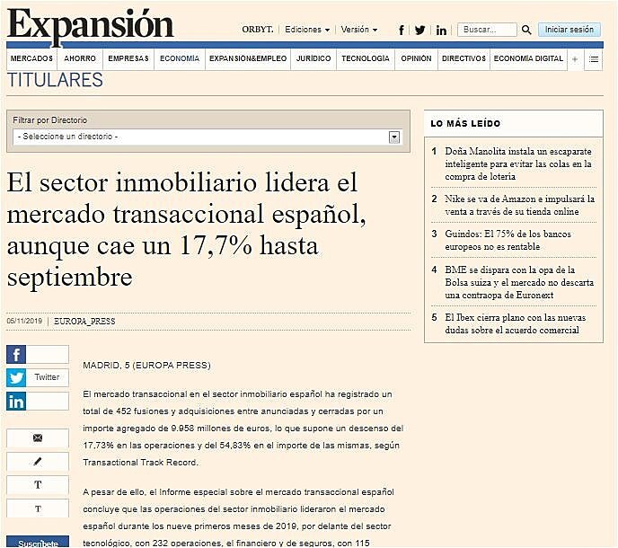 El sector inmobiliario lidera el mercado transaccional espaol, aunque cae un 17,7% hasta septiembre